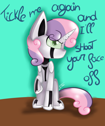 Size: 1024x1229 | Tagged: safe, artist:feathershine1, character:sweetie belle, species:pony, species:unicorn, sweetie bot, female, filly, foal, hooves, horn, raised hoof, robot, robot pony, sitting, solo, text, unamused