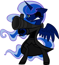 Size: 1600x1772 | Tagged: safe, artist:agentkirin, character:princess luna, species:pony, avengers, bipedal, crossover, female, marvel, nick fury, rocket launcher, solo
