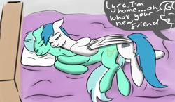 Size: 1500x882 | Tagged: safe, artist:laserbiskit, character:bon bon, character:lyra heartstrings, character:sweetie drops, oc, oc:spark, bed, canon x oc, cuddling, not shipping, snuggling, spark, spooning, wing blanket
