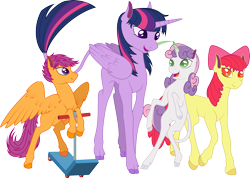 Size: 2555x1824 | Tagged: safe, artist:iamadinosaurrarrr, character:apple bloom, character:scootaloo, character:sweetie belle, character:twilight sparkle, character:twilight sparkle (alicorn), species:alicorn, species:classical unicorn, species:pony, adorabloom, cloven hooves, cute, cutealoo, cutie mark crusaders, diasweetes, female, leonine tail, mare, scooter, simple background, transparent background, unshorn fetlocks, vector