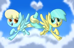 Size: 1024x663 | Tagged: safe, artist:supercoco142, character:sassaflash, character:sunshower raindrops, species:pegasus, species:pony, cloud, duo, flying, intertwined tails