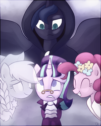 Size: 840x1050 | Tagged: safe, artist:xwreathofroses, character:applejack, character:pinkie pie, character:princess luna, character:snowfall frost, character:starlight glimmer, episode:a hearth's warming tail, g4, my little pony: friendship is magic, spirit of hearth's warming past, spirit of hearth's warming presents, spirit of hearth's warming yet to come