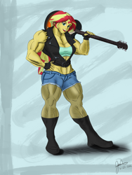 Size: 1600x2133 | Tagged: safe, artist:pandatarius, character:sunset shimmer, my little pony:equestria girls, female, guitar, muscles, solo, sunset lifter