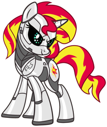 Size: 1024x1217 | Tagged: safe, artist:vladiverse, character:sunset shimmer, species:pony, species:unicorn, black sclera, female, frown, glare, manip, metal, robot, robot pony, roboticization, shimmerbot, simple background, solo, white background