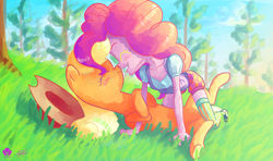 Size: 1920x1136 | Tagged: safe, artist:halem1991, character:applejack, character:pinkie pie, my little pony:equestria girls, boop, clothing, cute, diapinkes, eyes closed, grass, halem1991 is trying to murder us, jackabetes, nose wrinkle, noseboop, open mouth, pet, shoes, signature, sneakers, socks