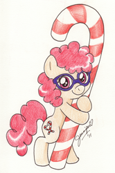 Size: 900x1355 | Tagged: dead source, safe, artist:chibi-jen-hen, character:twist, species:earth pony, species:pony, bipedal, candy cane, cute, female, filly, glasses, looking at you, solo, traditional art