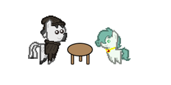 Size: 420x208 | Tagged: safe, artist:pixelanon, edit, oc, oc only, oc:adetokunbo, oc:emerald jewel, species:earth pony, species:pony, species:zebra, 8-bit, adult, age difference, amulet, child, clothing, colt, colt quest, cute, date, dating, gay, happy, interspecies, male, pirate, sailor, shipping, smiling, stallion, sweater, table, toboggan