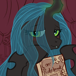 Size: 900x900 | Tagged: dead source, safe, artist:zoomboomerz, character:queen chrysalis, species:changeling, bedroom eyes, blushing, book, changeling queen, cute, cutealis, dork, dorkalis, female, glowing horn, hoof hold, hyperspace hyperwars, looking at you, magic, smiling, solo, tabletop gaming