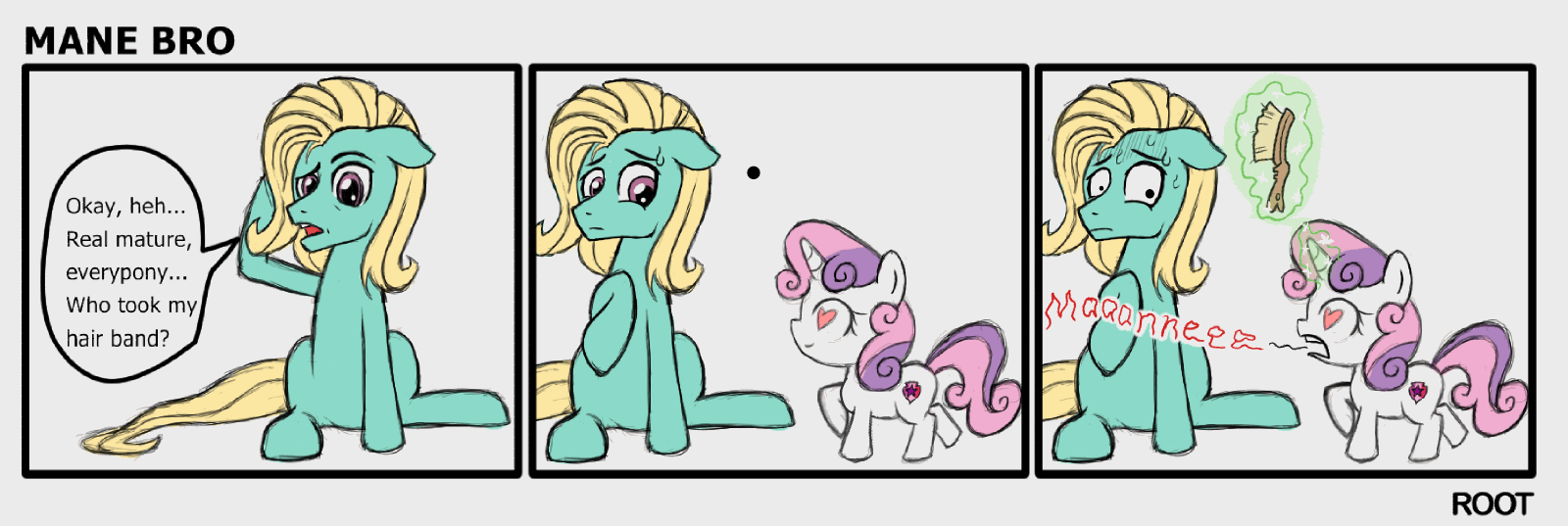 Size: 1600x537 | Tagged: safe, artist:root, character:sweetie belle, character:zephyr breeze, species:pegasus, species:pony, species:unicorn, episode:flutter brutter, g4, my little pony: friendship is magic, alternate hairstyle, animated, comic, female, filly, i really like her mane, levitation, magic, male, shrunken pupils, stallion, telekinesis, wingding eyes, zephyr belle