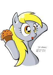 Size: 1658x2362 | Tagged: safe, artist:theratedrshimmer, character:derpy hooves, species:pegasus, species:pony, g4, female, food, mare, muffin, open mouth, signature, simple background, solo, three quarter view, white background