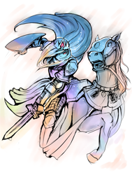 Size: 3200x4237 | Tagged: safe, artist:mod-of-chaos, character:princess celestia, species:human, armor, bretonnia, crossover, crown, fantasy class, female, hair over one eye, horse, humanized, humans riding horses, jewelry, knight, regalia, riding, simple background, solo, sword, warhammer (game), warhammer fantasy, warrior, warrior celestia, weapon, white background, woman