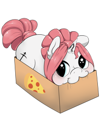 Size: 3300x4000 | Tagged: safe, artist:digitaldomain123, artist:morroderthefreakyguy, oc, oc only, oc:taffeta, species:pony, species:unicorn, :3, box, cute, diabetes, digital art, drool, food, looking at you, nom, pizza, pony in a box, prone, simple background, smiling, solo, transparent background