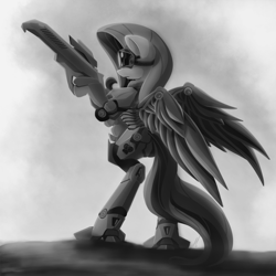 Size: 1200x1200 | Tagged: safe, artist:lightf4lls, character:fluttershy, female, goggles, gun, monochrome, powered exoskeleton, solo, weapon