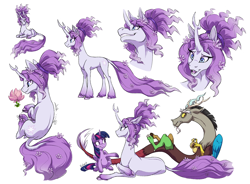 Size: 1700x1250 | Tagged: safe, artist:heilos, character:discord, character:tree of harmony, character:twilight sparkle, character:twilight sparkle (alicorn), oc, oc:harmony (heilos), species:alicorn, species:classical unicorn, species:draconequus, species:pony, cloven hooves, female, flower, flower in hair, flower in tail, leonine tail, male, mare, ponified, simple background, tree of harmony, unshorn fetlocks, white background