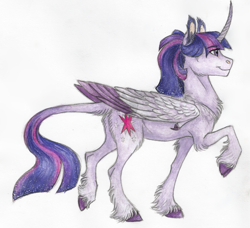Size: 1024x933 | Tagged: safe, artist:biakela, character:twilight sparkle, character:twilight sparkle (alicorn), species:alicorn, species:classical unicorn, species:pony, chest fluff, cloven hooves, colored wings, colored wingtips, curved horn, ear fluff, female, leonine tail, raised hoof, raised leg, simple background, smiling, solo, traditional art, unshorn fetlocks