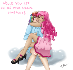 Size: 2534x2450 | Tagged: safe, artist:missangest, character:pinkie pie, character:rainbow dash, species:human, ship:pinkiedash, blushing, clothing, dress, female, high heels, hug, humanized, lesbian, mary janes, shipping