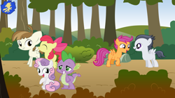 Size: 1600x900 | Tagged: safe, artist:luuandherdraws, character:apple bloom, character:featherweight, character:rumble, character:scootaloo, character:spike, character:sweetie belle, ship:rumbloo, ship:spikebelle, cutie mark crusaders, featherbloom, female, male, shipping, straight