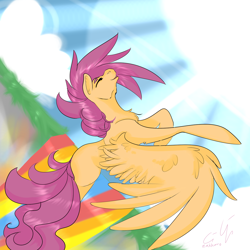Size: 1280x1280 | Tagged: safe, artist:zakkurro, character:scootaloo, eyes closed, female, missing cutie mark, older, rainbow fall, scootaloo can fly, solo, spread wings, wings