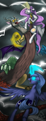 Size: 1138x3000 | Tagged: safe, artist:cat-cly, character:discord, character:princess celestia, character:princess luna, species:alicorn, species:draconequus, species:pony, female, fight, glowing eyes, lightning, male, mare