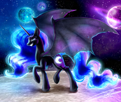 Size: 1600x1350 | Tagged: safe, artist:yummiestseven65, character:nightmare moon, character:princess luna, species:bat pony, species:pony, bat wings, female, fluffy, glowing mane, grin, looking at you, moon, planet, raised hoof, raised leg, smiling, smirk, solo, space, stars