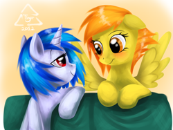 Size: 1024x768 | Tagged: safe, artist:cat-cly, character:dj pon-3, character:spitfire, character:vinyl scratch, species:pegasus, species:pony, species:unicorn, blushing, eye contact, female, gradient background, lesbian, looking at each other, mare, shipping, vinylfire