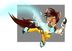 Size: 1024x721 | Tagged: safe, artist:arcuswind, blaster, crossover, electricity, hoof hold, open mouth, overwatch, ponified, solo, tracer, visor, weapon