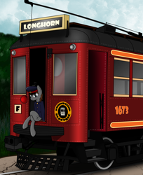 Size: 1610x1976 | Tagged: safe, artist:subway777, oc, oc only, species:earth pony, species:pony, clothing, conductor, crossed legs, sitting, train, tram, trolley