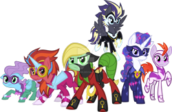 Size: 1600x1042 | Tagged: safe, artist:agentkirin, character:fili-second, character:masked matter-horn, character:mistress marevelous, character:radiance, character:saddle rager, character:zapp, oc, oc:azure glory, oc:buttercup, oc:clever comet, oc:feather fluff, oc:galaxy star, oc:sky song, episode:power ponies, g4, my little pony: friendship is magic