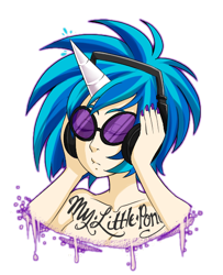 Size: 480x590 | Tagged: safe, artist:ssenarrya, character:dj pon-3, character:vinyl scratch, species:human, bare shoulder portrait, eyes closed, female, headphones, horned humanization, humanized, simple background, solo, tattoo, transparent background