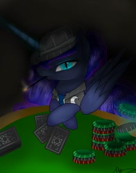 Size: 1188x1518 | Tagged: safe, artist:nuttypanutdy, character:nightmare moon, character:princess luna, casino, clothing, female, hat, playing card, poker chips, smoking, solo