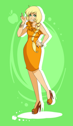 Size: 780x1341 | Tagged: safe, artist:ssenarrya, character:applejack, species:human, abstract background, bracelet, clothing, dress, female, high heels, humanized, jewelry, shoes, smiling, solo