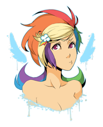 Size: 480x590 | Tagged: safe, artist:ssenarrya, character:rainbow dash, species:human, alternate hairstyle, bare shoulders, female, humanized, makeover, simple background, solo, transparent background