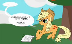 Size: 811x503 | Tagged: safe, artist:musapan, edit, character:applejack, fanfic:cupcakes, angry, applejack is not amused, book, bucking, comic, dialogue, female, solo, speech bubble, text edit, this will end in pain, this will end in rape, vulgar