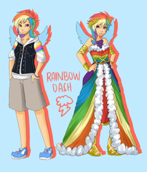 Size: 900x1058 | Tagged: safe, artist:ssenarrya, character:rainbow dash, species:human, clothing, dress, female, humanized, solo, winged humanization, wings