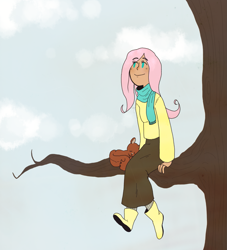 Size: 1653x1820 | Tagged: safe, artist:nyan-cow, character:fluttershy, species:human, boots, clothing, female, humanized, long skirt, scarf, shoes, sitting, sitting in a tree, skirt, solo, squirrel, sweater, sweatershy, tree, tree branch