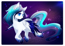 Size: 1024x739 | Tagged: safe, artist:chokico, oc, oc only, oc:stardream, species:pegasus, species:pony, colored pupils, colored wings, colored wingtips, cute, female, flying, lidded eyes, looking back, mare, open mouth, sky, solo, sparkles, spread wings, stars, wings