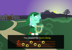 Size: 1124x785 | Tagged: safe, artist:pageturner1988, character:lyra heartstrings, crossover, female, link, lyre, music, solo, sun's song, the legend of zelda, the legend of zelda: ocarina of time