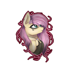 Size: 1024x1024 | Tagged: safe, artist:rubyblossomva, character:fluttershy, bust, clothing, emoshy, female, goth, hooves to the chest, looking away, portrait, simple background, solo, stockings, transparent background