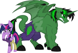 Size: 1600x1088 | Tagged: safe, artist:agentkirin, character:twilight sparkle, character:twilight sparkle (alicorn), species:alicorn, species:dragon, species:pony, crossover, muscles, the incredible hulk, twilight muscle, watermark