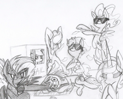 Size: 1023x822 | Tagged: safe, artist:agentkirin, oc, oc only, oc:azure glory, oc:buttercup, oc:clever comet, oc:feather fluff, oc:galaxy star, oc:sky song, oc:stitches, box, cardboard prison, draw the squad, microphone, monochrome, monopoly, paper, power ponies oc, traditional art