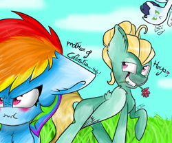 Size: 1024x853 | Tagged: safe, artist:feathershine1, character:rainbow dash, character:soarin', character:zephyr breeze, species:pony, blushing, female, implied shipping, implied soarindash, implied straight, male, scrunchy face, shipping, straight, tsunderainbow, tsundere, zephdash