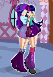 Size: 2085x2988 | Tagged: safe, artist:derpyramone, character:rarity, character:twilight sparkle, character:twilight sparkle (alicorn), ship:rarilight, my little pony:equestria girls, carousel boutique, clothing, eyes closed, female, lesbian, one eye closed, shipping, skirt