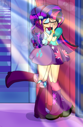 Size: 1854x2818 | Tagged: source needed, useless source url, safe, artist:derpyramone, part of a set, character:rarity, character:twilight sparkle, character:twilight sparkle (alicorn), ship:rarilight, my little pony:equestria girls, blushing, carousel boutique, clothing, crepuscular rays, embrace, eyes closed, female, human coloration, kissing, lesbian, making out, raised leg, shipping, skirt