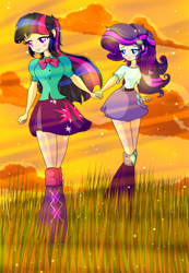 Size: 2211x3203 | Tagged: source needed, useless source url, safe, artist:derpyramone, part of a set, character:rarity, character:twilight sparkle, character:twilight sparkle (alicorn), ship:rarilight, my little pony:equestria girls, clothing, cloud, crepuscular rays, fanfic art, female, field, grass, holding hands, human coloration, lesbian, melancholy, outdoors, shipping, skirt, sunset