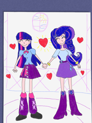 Size: 1944x2592 | Tagged: safe, artist:derpyramone, part of a set, character:rarity, character:twilight sparkle, species:human, ship:rarilight, clothing, drawing, equestria girls outfit, fanfic art, female, fridge art (literally), happy, holding hands, human coloration, humanized, lesbian, paper, sheet, shipping, skirt