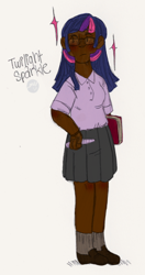 Size: 290x550 | Tagged: safe, artist:nyan-cow, character:twilight sparkle, dark skin, glasses, humanized