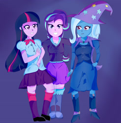 Size: 2698x2744 | Tagged: safe, artist:superiorinfamea, character:starlight glimmer, character:trixie, character:twilight sparkle, character:twilight sparkle (alicorn), my little pony:equestria girls, boots, clothing, counterparts, equestria girls-ified, high heel boots, high heels, magical trio, shoes, skirt, socks, twilight's counterparts