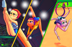 Size: 1920x1242 | Tagged: safe, artist:halem1991, character:apple bloom, character:scootaloo, character:sweetie belle, my little pony:equestria girls, alternate hairstyle, backbend, balance beam, balancing, clothing, cutie mark crusaders, flexible, gymnastics, leotard, olympics, rhythmic gymnastics, rio 2016