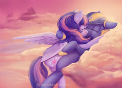 Size: 1500x1085 | Tagged: safe, artist:stasushka, character:twilight sparkle, character:twilight sparkle (alicorn), oc, oc:zephyr, species:alicorn, species:pony, canon x oc, cloud, kissing, shipping, twiphyr