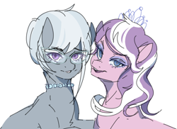 Size: 1280x931 | Tagged: safe, artist:co11on-art, character:diamond tiara, character:silver spoon, species:earth pony, species:pony, colored pupils, duo, eyeshadow, female, glasses, jewelry, looking at you, makeup, mare, necklace, older, older diamond tiara, older silver spoon, simple background, smiling, white background
